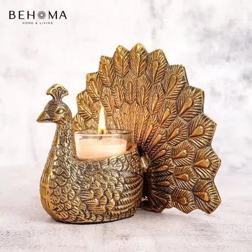 Behoma Metal Peacock Vastu Figurine for Good Luck and Love | Candle Holder for Home Décor Tabletop Living Room Office | Showpiece Statue for Gifting (Scented Glass votive candle included), Gold