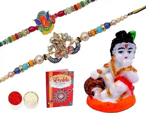 Rakhi For Brother And Bhabi With Roli Chawal/Rakhi For Brother With Gift/Set Of 2 Rakhi For Brother-2 Premium Kundan Rakhi+Showpiece Figurine +Roli, Chawal+Rakshabandhan Greeting Card