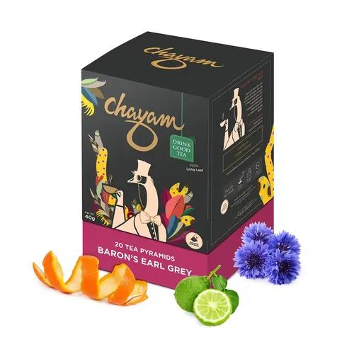 CHAYAM BaroDan's Earl Grey Tea Bags with Citrusy Orange Peel & Blue Corn Flower | 20 Tea Bags, Pack of 1 | 100% Natural Bergamot Oil | Whole Leaf Assam Orthodox Black Tea | Make Hot or Iced Tea