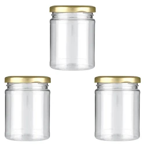 Shiva Organic 200ml Short Height Round Glass Jar for Kitchen Storage | Food Grade Glass Container | Golden Metal Cap | Air Tight Lid | Clear Transparent Jar (Pack of 3)