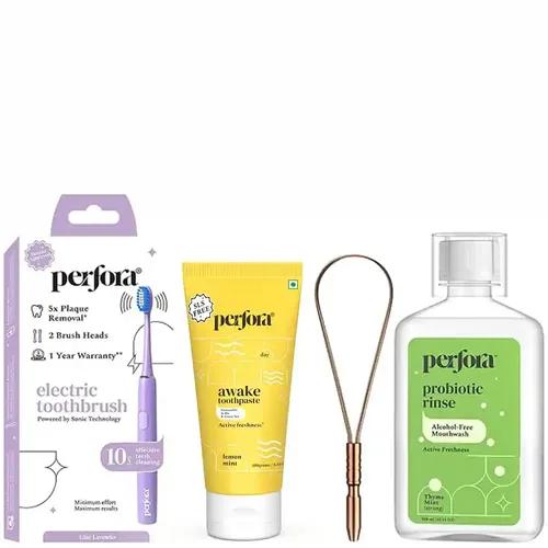 PERFORA Daily Advance Care Combo |Lilac Lavender Electric Toothbrush | Thyme Mint Mouthwash | Copper Tongue Cleaner | Lemon Mint Awake Toothpaste | Made Safe Certified | Pack Of 4