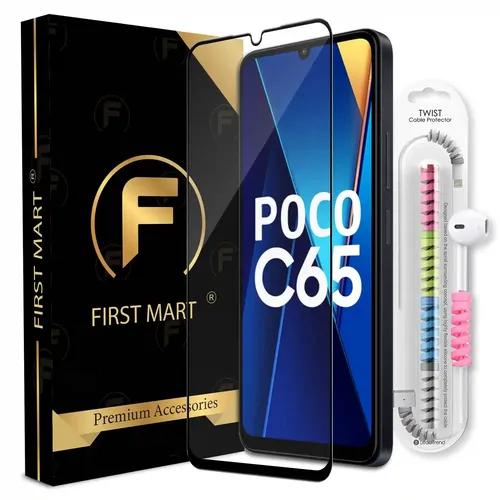 FIRST MART Premium Tempered Glass for Poco C65 5G / Redmi 13C / Redmi 13C 4G with Edge to Edge Coverage and Cable Protector and Easy Installation Kit, Pack of 1