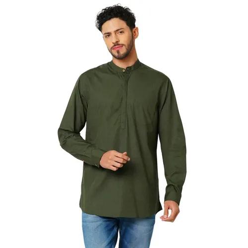 Indivisual Men's Premium Cotton Solid Bottle Green Shirt Kurta - S