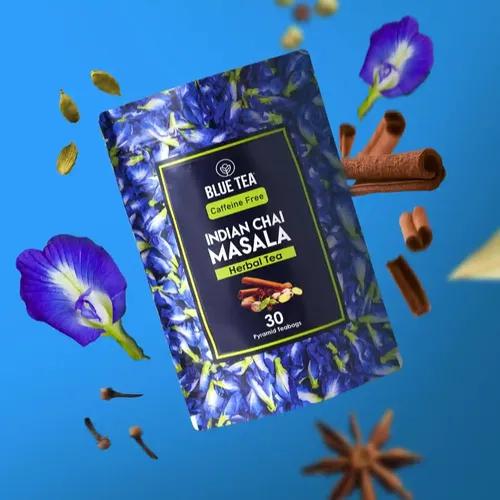 BLUE TEA - Indian Chai Masala - Served On Indigo - Calming Masala Tea | 30 Tea Bags - Plant Based || REFRESHING TEA || Aparajita - Shankhpushpi | Caffeine Free - Detox Tea - Flower Based - Herbal Tea - Vegan | Zipper Pack