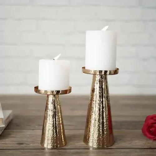 Behoma Handcrafted Hammered Metal Pillar Candle Holders, Wedding Centerpieces Metal Candle Holder | Candle Stand for Diwali Festival, Home Decor, Table Decoration, Gift | Colour Golden Set of 2