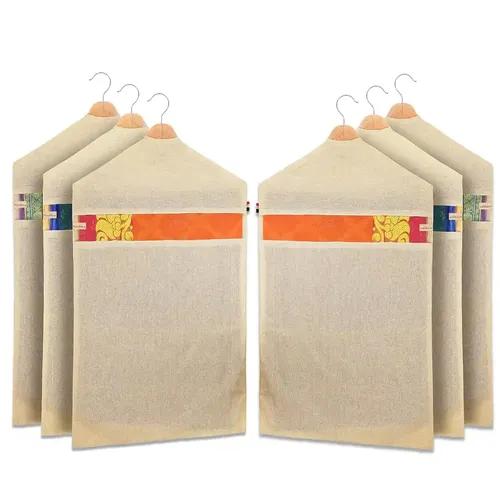 FAB ELLITE Hanging Saree Cover/Bag Of Cotton Saree Covers With Zip Hanging Comes With Set Of 6 -Size iIs 28 X 18 INCHES For Saree Clothes Storage Wardrobe Organizer