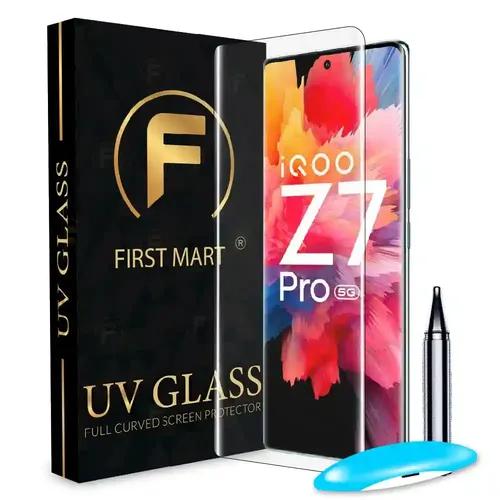 FIRST MART Tempered Glass for iQOO Z7 Pro 5G / Vivo T2 Pro 5G / Vivo V27 Pro 5G with Edge to Edge Full Screen Coverage and Easy UV Glue Installation Kit, Pack of 1