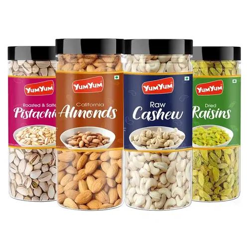 YUM YUM Dry Fruits Combo Pack of 4 (California Almonds 150g, Cashew 150g, Roasted & Salted Pistachios 150g, Green Raisins 150g) Jar Each 150g | Total 600 g | Healthy Dry Fruits Snacks