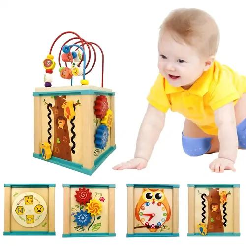 FIRST MART 5 in 1 Wooden Baby Activity Cube | Kids Learning Toys for 1+ Year Old Boy & Girl | Sensory Toys For Kids Having Emoji Wheel | Interactive Toys for Kids Includes Bead Maze with Veggies