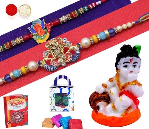 Set Of 2 Rakhi For Brother With Chocolate Gifts Combo Set/Rakhi Gift For Brother Bhaiya Bhabhi/Rakhi Gift Set/-2 Kundan Rakhi+Showpiece Figurine +Roli, Chawal+Rakhi Greeting Card