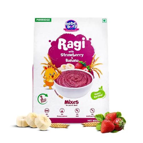 Bebe Burp No Added Sugar Instant Cereal | Ragi, Strawberry and Banana with Milk | No Preservatives No Salt | Made with Jowar and oats, 200g