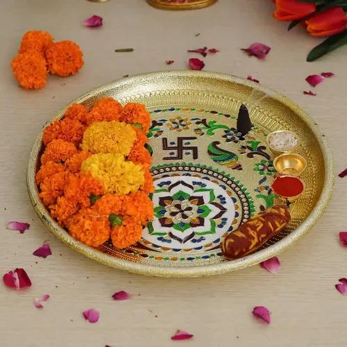 WEBELKART Premium Gold Meenakari Pooja thali Set with 3 Roli Chawal Katori | Diwali Pooja Decoration Items Pooja thali for Diwali Pooja| Diwali Pooja thali | Diwali puja Items (Steel. 12 Inches)