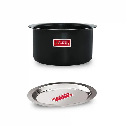 HAZEL Hard Anodised Aluminium Tope with Lid | Hard Anodised Cookware Boiling Tope Patila with Steel Lid Cover for Cooking (Tope Capacity 1100ml, Lid 16.8 cm), Black