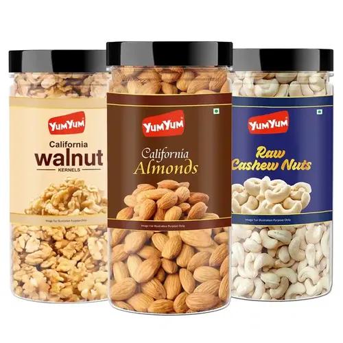 YUM YUM Premium Dry Fruits Combo - Almonds, Cashews & Walnuts - 1350g Healthy Snacks - California Almonds, Raw Cashew Nuts, Walnut Kernels - Ideal for Active Lifestyle