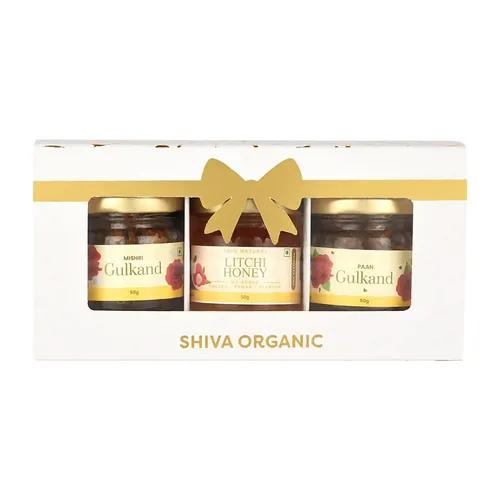 Shiva Organic White Gift Box - Gold Foiled (50g each-Litchi Honey,Paan Gulkand,Mishri Gulkand)