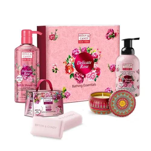 Bryan & Candy Delicate Rose Gift Set For Women and Men , Shower gel, Bathing Bar ph 5.5, Foaming Body Wash, Cherry Blossom Scented Candle (Pack of 4)