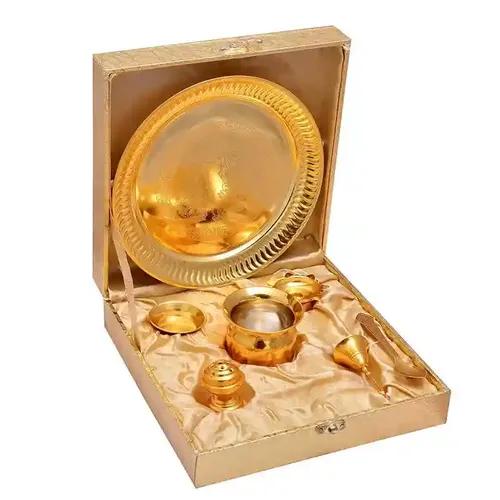 Pujahome Gold Plated Brass Pooja Thali Set with Golden Box Decorative Showpiece Pooja Thali Set (7 Pcs, Golden)