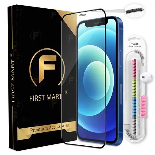 FIRST MART Premium Tempered Glass for iPhone 12 Edge to Edge Screen Coverage, Speaker Mesh Dust Filter & Cable Protector with Easy Installation Kit