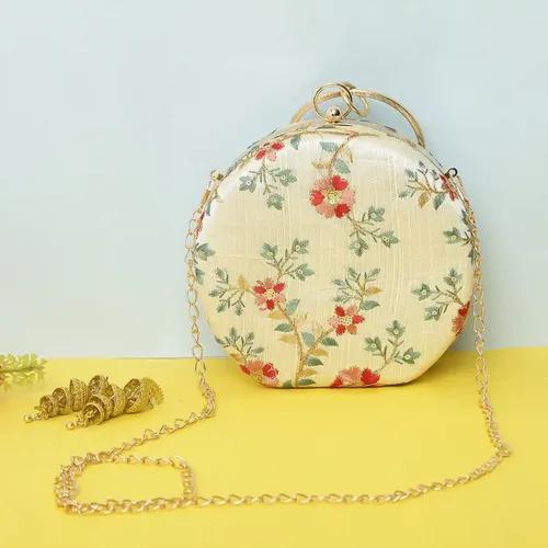 Embroidered Round Matka Clutch For Women - Cream