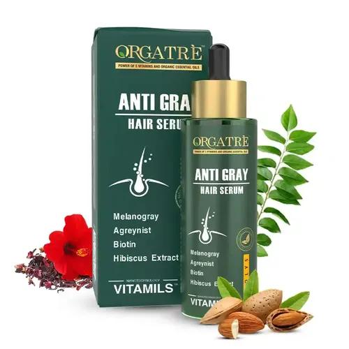 Orgatre Anti-Gray Hair Serum With Arcolys, Melanogray, Black Seed Oil & Hibiscus Extract | Light-Weight, Non-Sticky Formula, Paraben Free & Cruelty Free, 50 ML