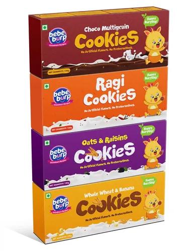 Bebe Burp-Organic Ragi,Whole Wheat, Oats & Chocolate Cookies | Natural Tasty & Healthy Cookies | No Preservatives & Artificial Flavors | Cookies Snacks For Kids, 600gm (Pack of 4)