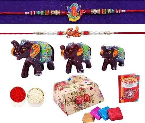 Rakhi Gift For Brother With Chocolate/Rakhi For Brother And Bhabi Combo/Rakhi For Brother With Gift Set-Kundan Rakhi+Beads Rakhi+Elephant Showpiece +Roli, Chawal+Rakhi Greeting Card