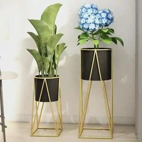 AMASS HANDICRAFTS Planters for Indoor Plants Metal Planters with Stands & Indoor Plant Pots for Indoor Plants & Mid Century Plant Stands with Pots & Plant Pots Indoor Planter Set of 2 (Black)