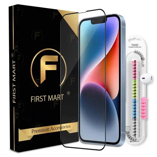 FIRST MART Premium Tempered Glass for iPhone 14/13 / 13 Pro with Edge to Edge Coverage and Cable Protector and Easy Installation Kit, Pack of 1