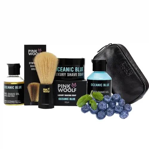 PINK WOOLF Pre Shave Oil, Pre Shave Lotion, Shaving Soap, Shaving Brush & Genuine Leather Toiletry Bag (Oceanic Blue), Luxury Shaving Gift Kit For Men - (Combo Pack Of 5)